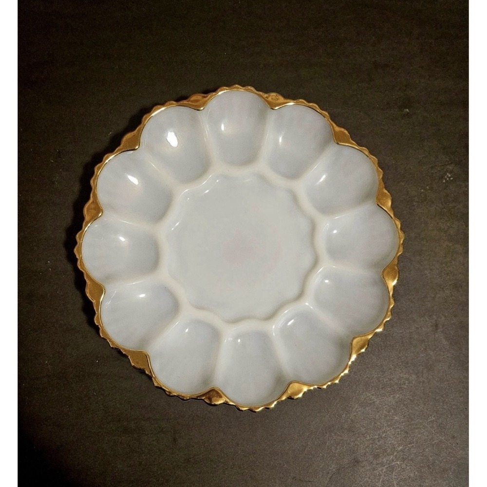 Blue Milk Glass Anchor Hocking Fire King Egg platter w/gold trim -Circa1956-1958